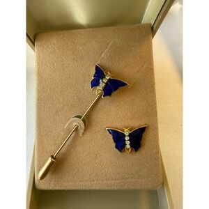Vintage Set of 2  Blue Enamel and‎ rhinestones Butterfly Brooch Pin Gold Tone